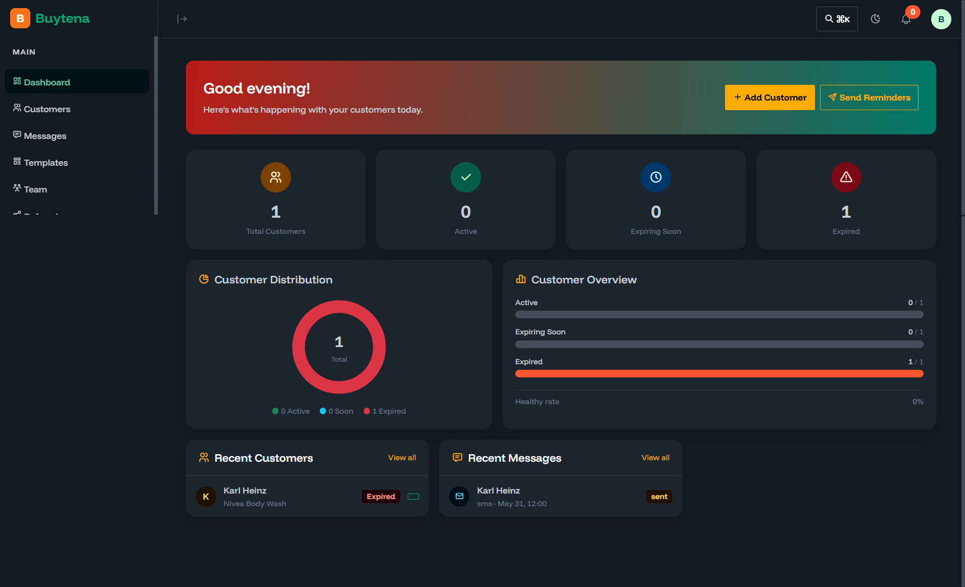The Buytena dashboard in dark mode